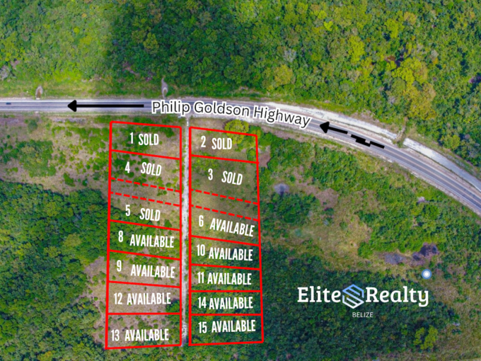 Aerial map of residential lots for sale near Orange Walk Town along Philip Goldson Highway Belize