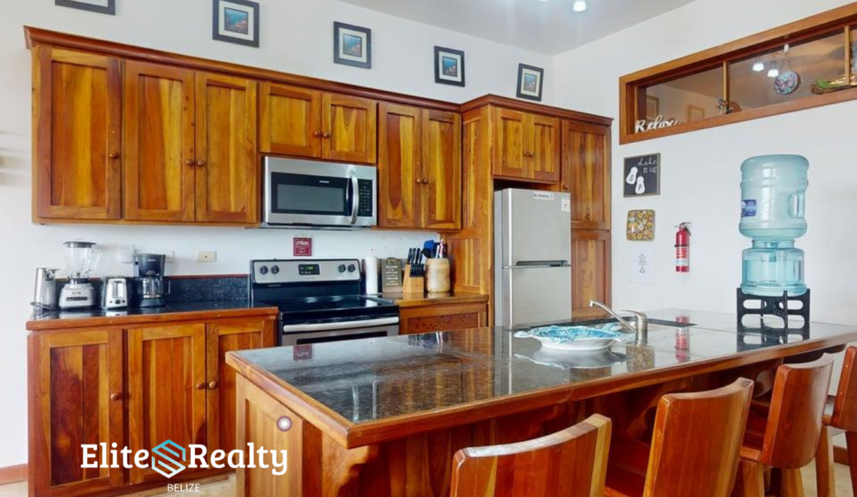 Fully Equipped Kitchen With Belizean Hardwood Cabinets And Breakfast Bar In Waterfront Condo San Pedro Belize