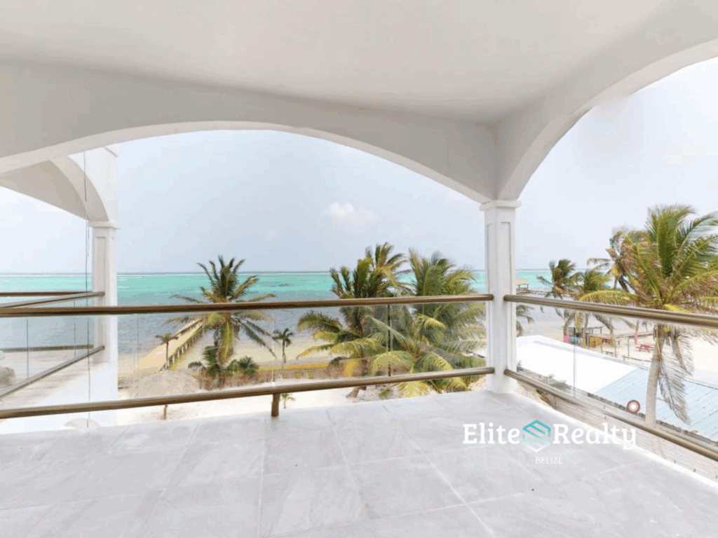 Ocean view balcony at Blue Water Beach Resort condo for sale in San Pedro Ambergris Caye Belize overlooking the Caribbean Sea