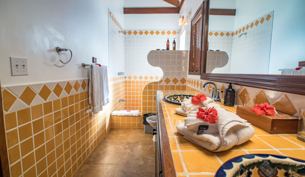 Spacious Bathroom With Walk In Shower At Hopkins Bay Resort Belize Luxury Villa Interior With Tile Finishes And Wooden Vanity
