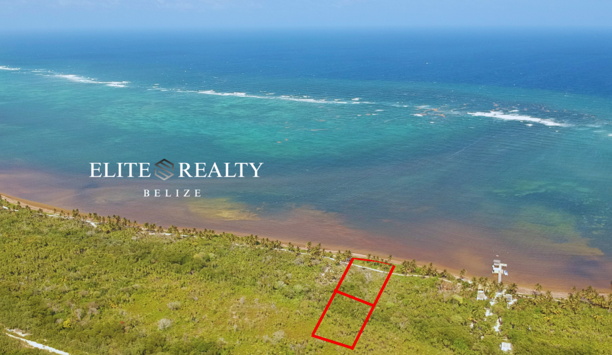 Aerial Angle Of Beachfront Lot Outlined In Red On North Ambergris Caye Belize Showing Shoreline And Reef Views Near San Pedro