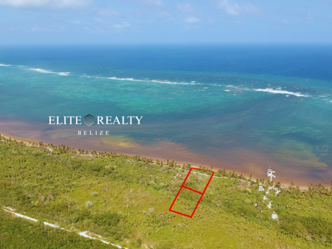Aerial angle of beachfront lot outlined in red on North Ambergris Caye Belize showing shoreline and reef views near San Pedro.