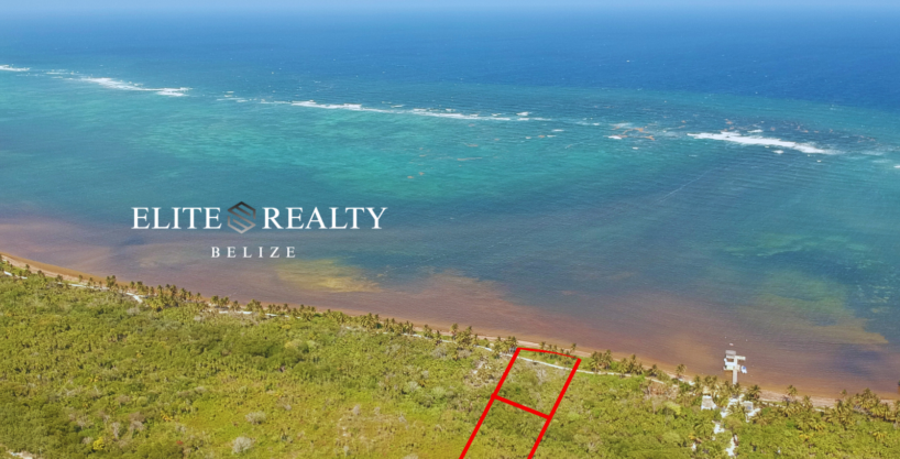 Aerial angle of beachfront lot outlined in red on North Ambergris Caye Belize showing shoreline and reef views near San Pedro.