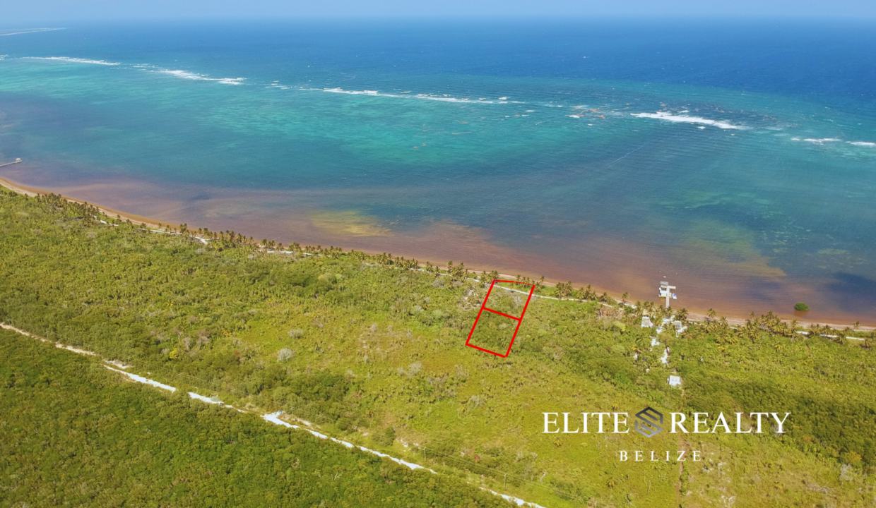 Aerial View Of Beachfront Lot Outlined In Red On North Ambergris Caye Belize Near San Pedro With Caribbean Sea And Reef