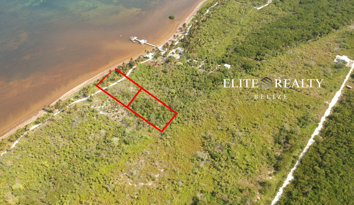 Aerial View Showing Depth Of Beachfront Lot Outlined In Red On North Ambergris Caye Belize With Shoreline And Access Road