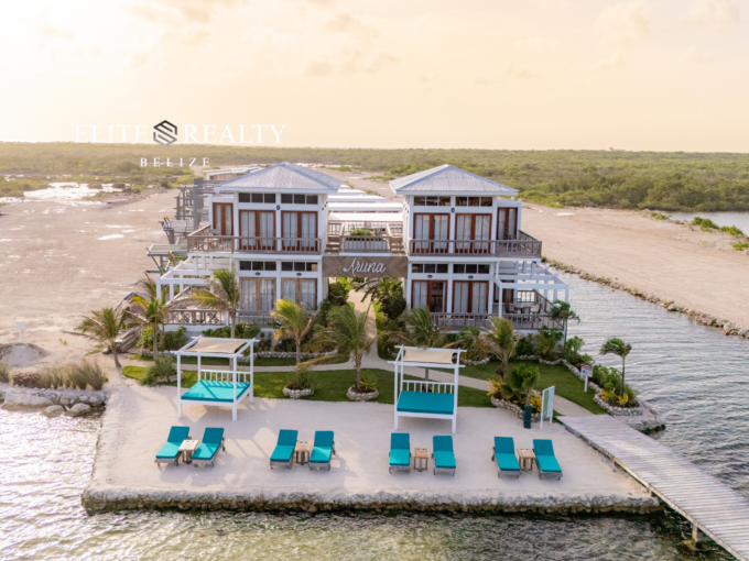 Beachfront resort villas with dock and lounge area in Ambergris Caye Belize