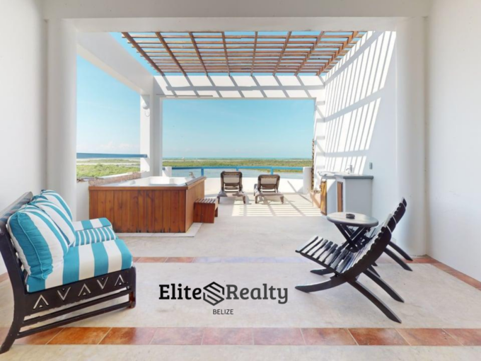 Luxury penthouse terrace with lagoon views at Brahma Blue in San Pedro Ambergris Caye Belize