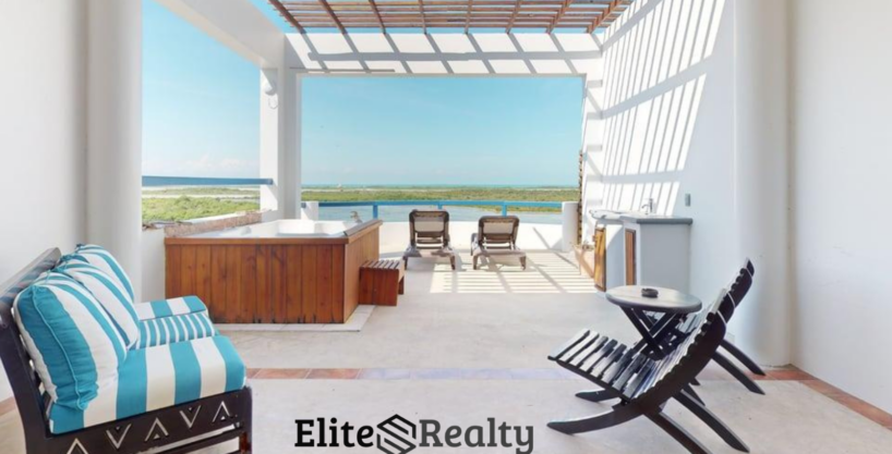 Luxury penthouse terrace with lagoon views at Brahma Blue in San Pedro Ambergris Caye Belize