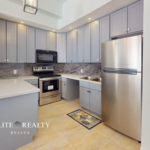 Modern kitchen with stainless steel appliances and quartz countertops in beachfront condo at Blue Water Beach Resort San Pedro Ambergris Caye Belize
