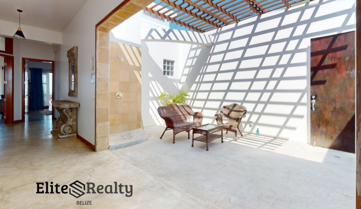 Private Courtyard Patio With Pergola Seating At Brahma Blue Penthouse In San Pedro Ambergris Caye Belize