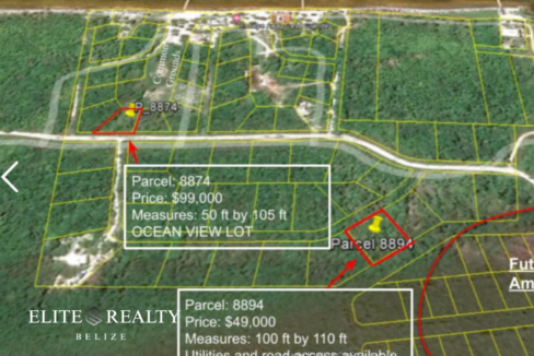 Aerial map showing parcel location and lot boundaries in Ambergris Caye Belize
