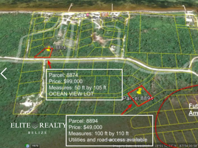 Aerial map showing parcel location and lot boundaries in Ambergris Caye Belize