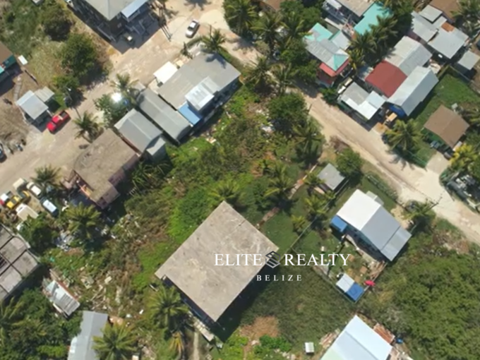 Aerial view of residential neighborhood with road access and nearby homes in Ambergris Caye Belize