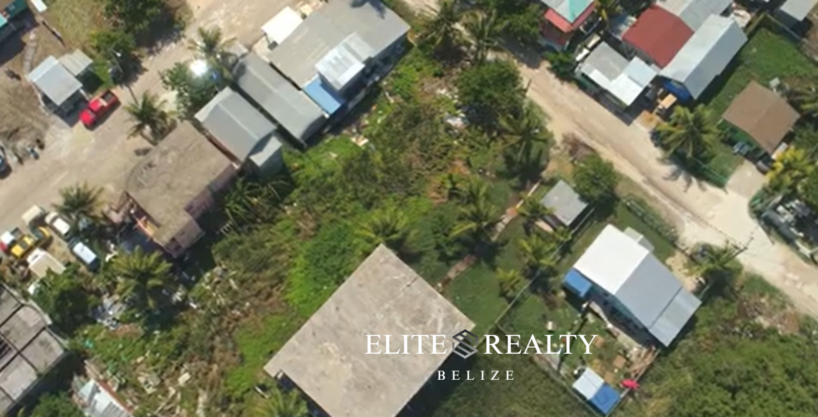 Aerial view of residential neighborhood with road access and nearby homes in Ambergris Caye Belize