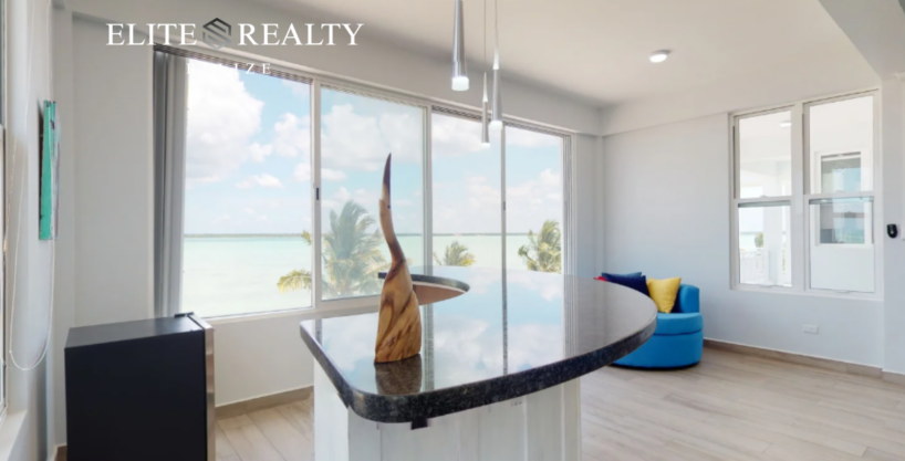 Modern living space with bar counter and ocean view in Ambergris Caye Belize