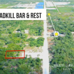 Residential lot near roadkill Secret Beach Ambergris Caye Belize aerial showing road and nearby landmark