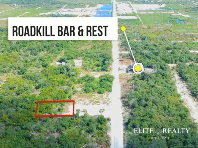 Residential lot near roadkill Secret Beach Ambergris Caye Belize aerial showing road and nearby landmark