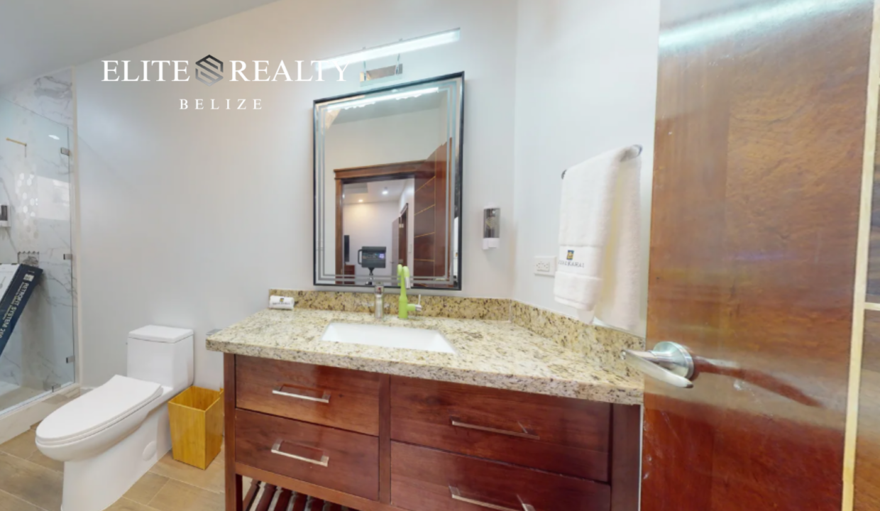 Spacious Condo Bathroom Granite Vanity Royal Kahal Resort San Pedro Belize Ambergris Caye Beachfront Condo For Sale