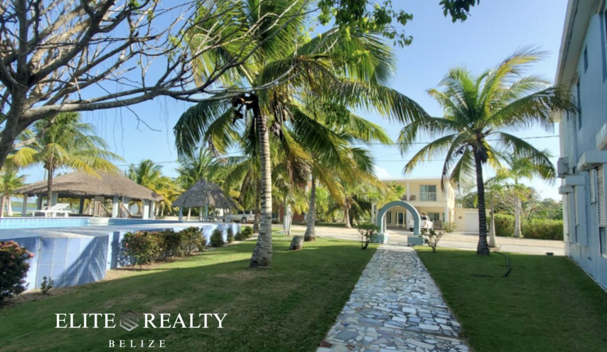 Tropical Landscaped Walkway And Palm Trees At Tarpon Cove Estates Waterfront Community In Corozal Belize